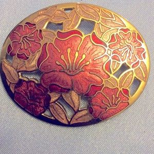Vintage pink flowered enameled cloisonné brooch by Fish Crown enterprise…